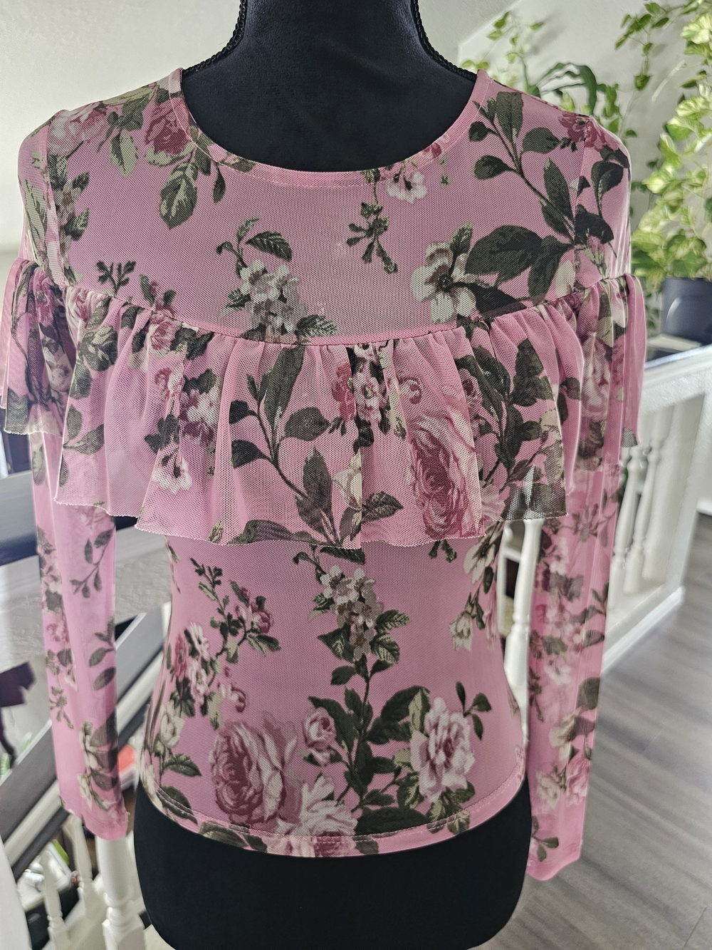 Polly & Esther Pink Floral Ruffle Mesh Long-Sleeve Top